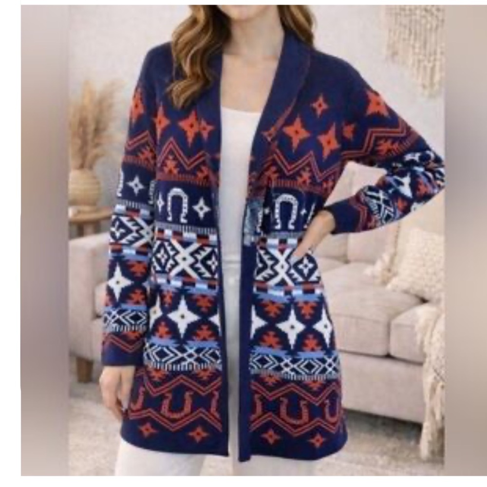 NWT Lucky Brand Geometric Navy and Red Cardigan with horse shoes size large - Picture 2 of 10